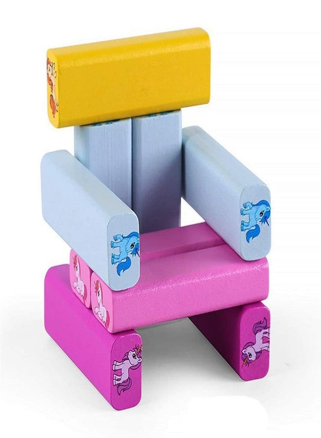 شورو لعبة مكعبات خشبية من SHORO بتصميم وحيد القرن الملون، لعبة بناء وتوازن وألغاز تعليمية وتصنيفية، ألعاب عائلية، ألعاب مونتيسوري، هدايا للأطفال - 51 قطعة مع نردين - Image 4